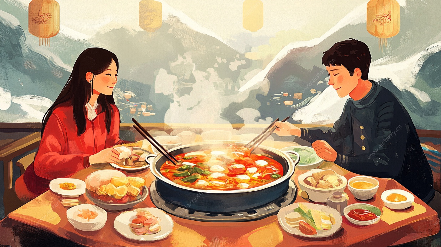 情侣温馨吃火锅场景