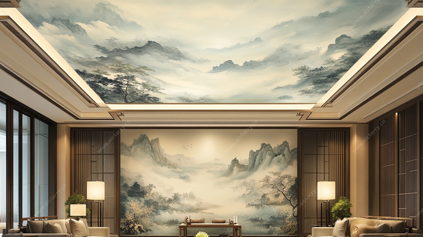 中式客厅山水壁画天花板