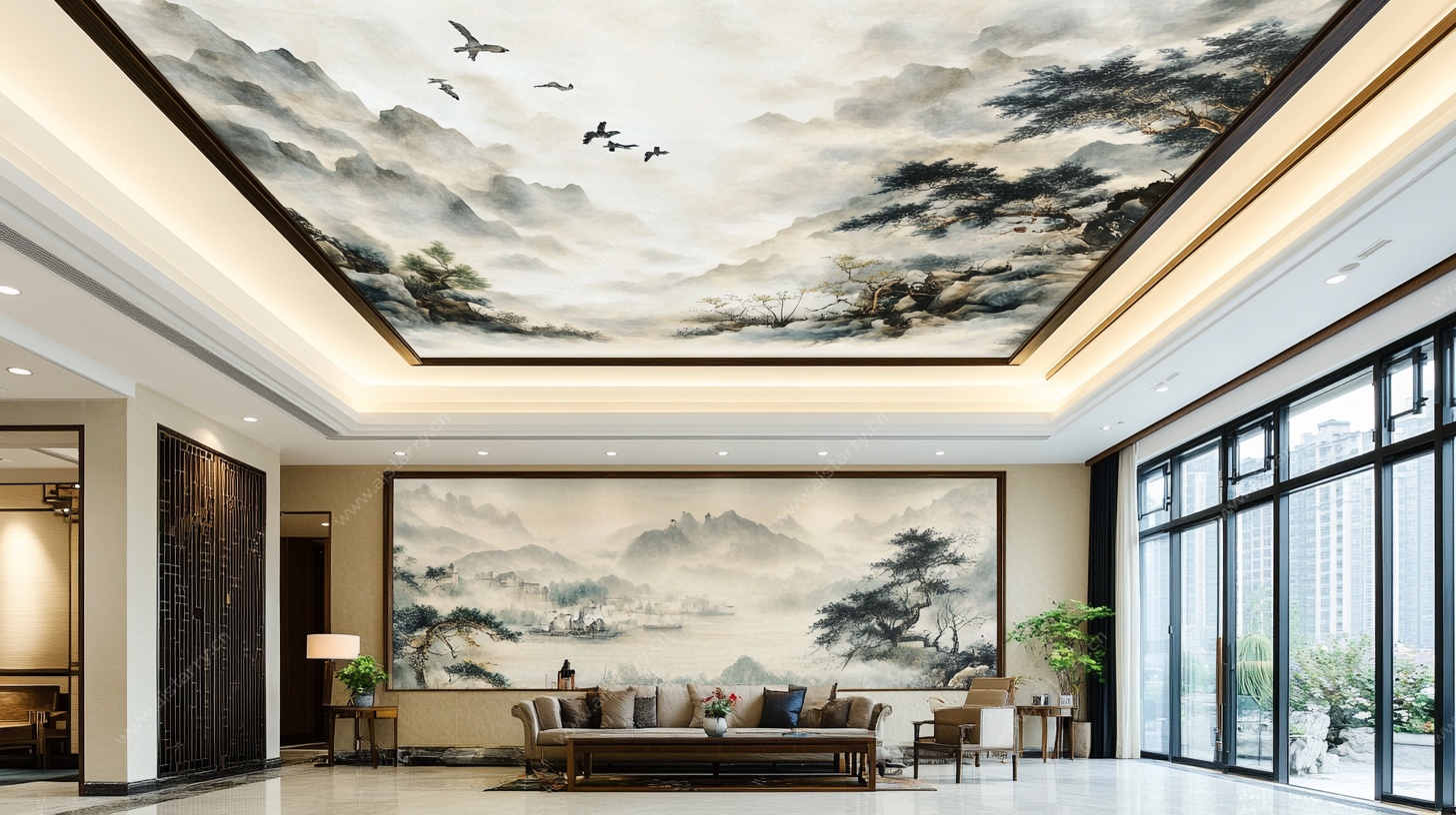 中式客厅山水顶墙装饰画