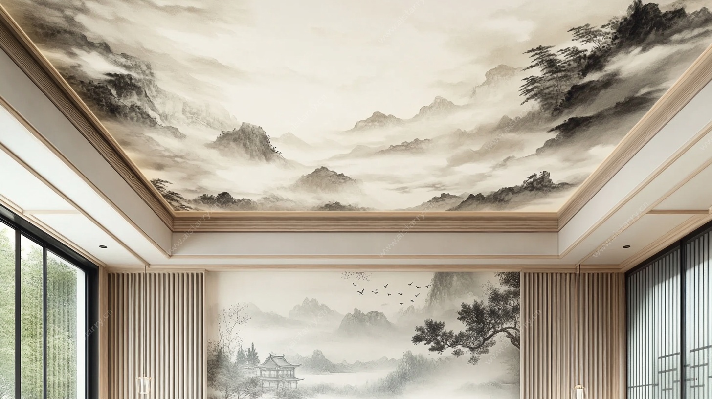 中式山水风天花板壁画