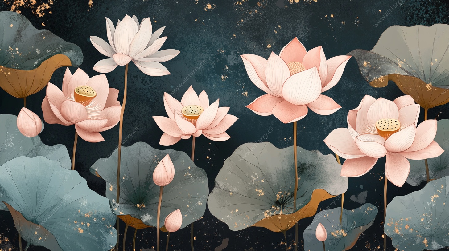 中式水墨风盛开的荷花图