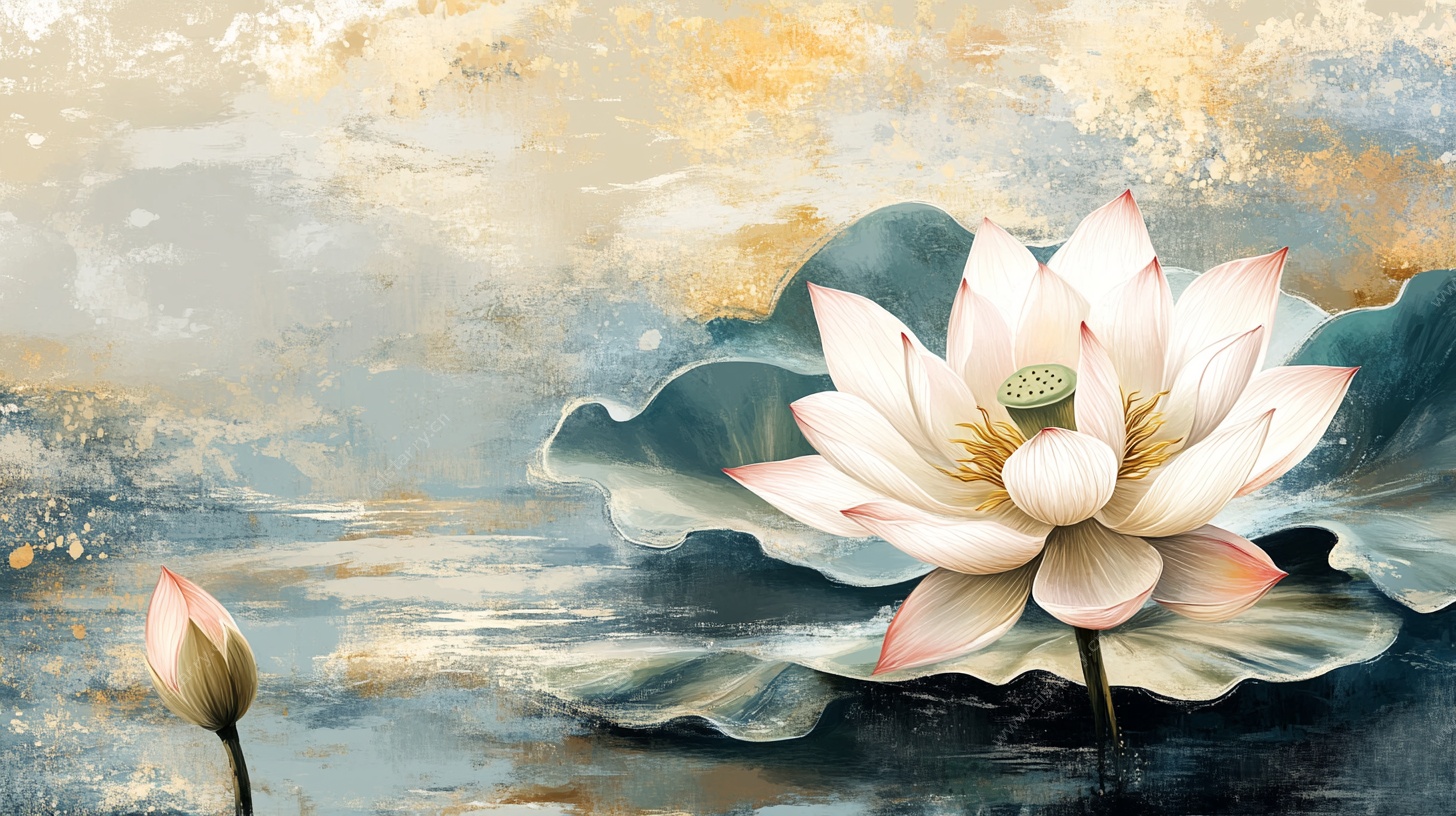 水墨风绽放的圣洁白莲花