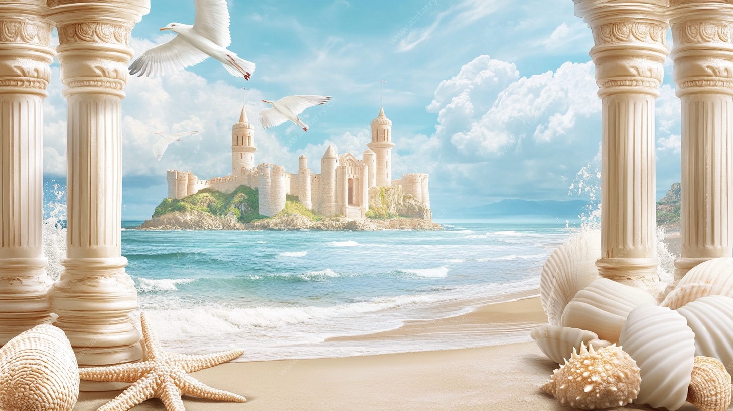 梦幻海滨城堡场景插画