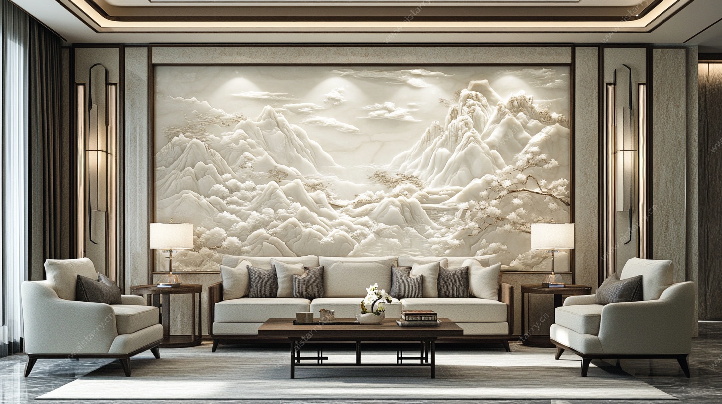中式客厅山水浮雕背景墙