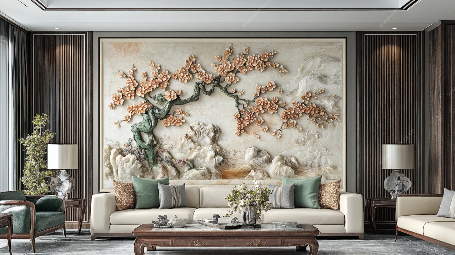 中式客厅浮雕背景墙装饰