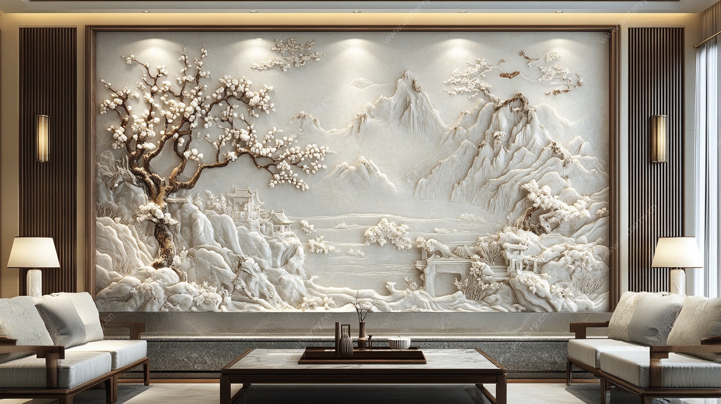 中式客厅山水浮雕装饰画