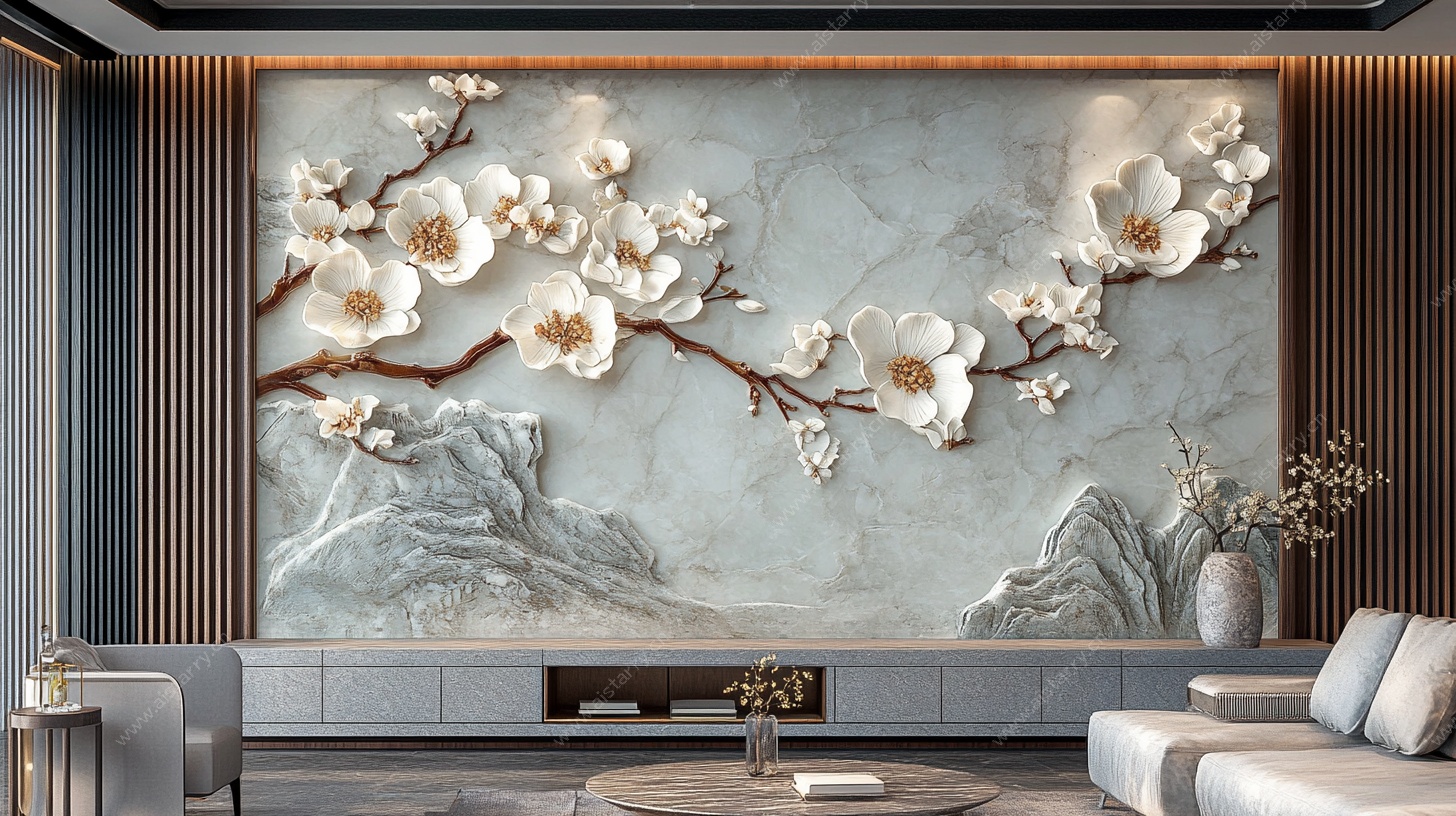 中式玉兰花电视背景墙设计
