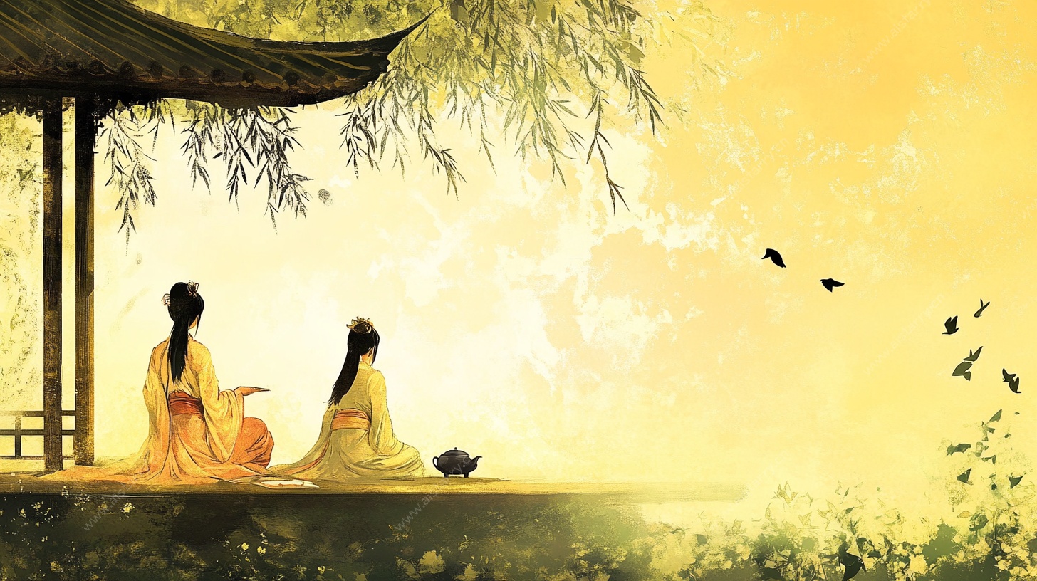 古风佳人亭畔赏景图