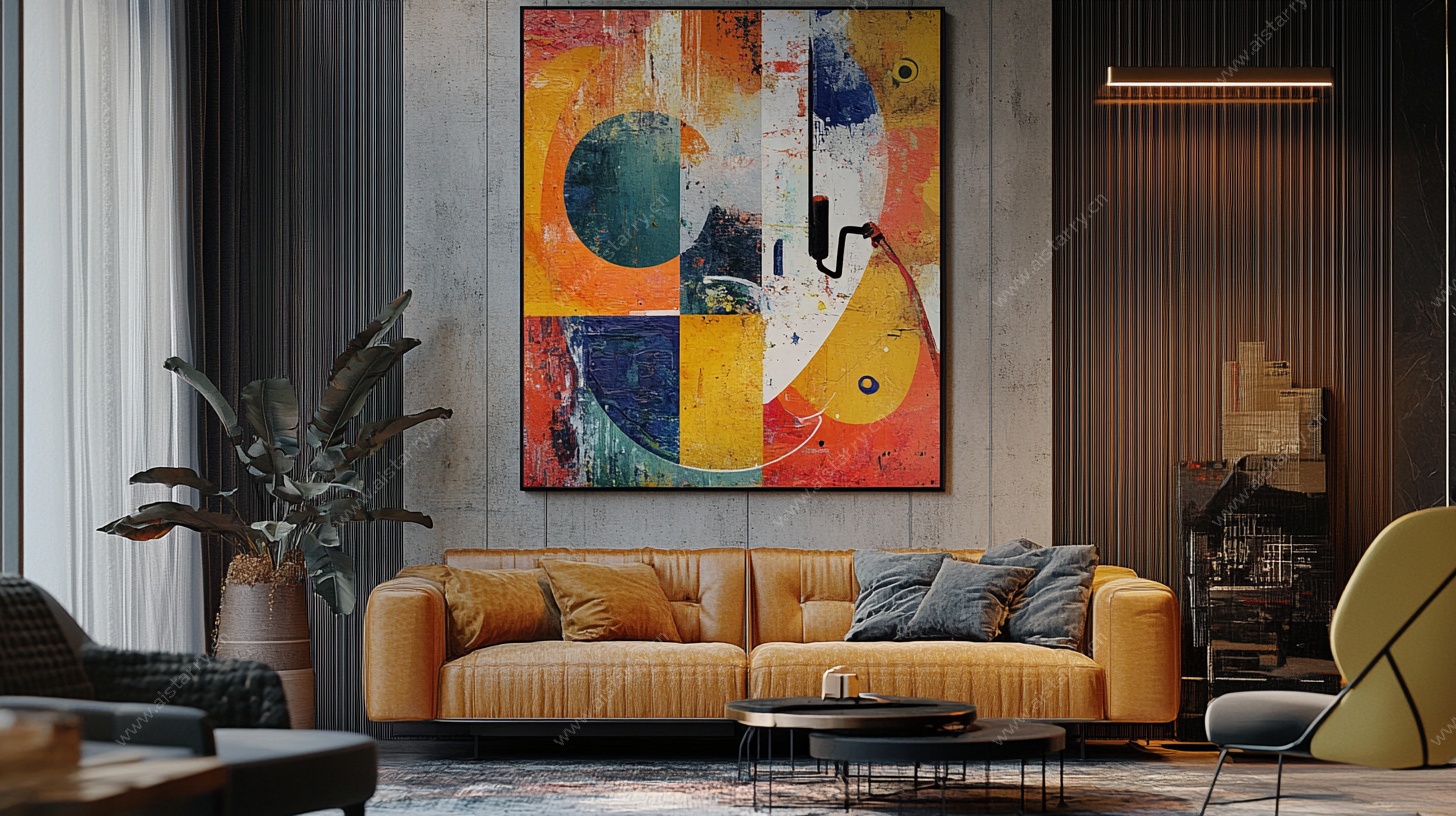 现代客厅中的抽象艺术挂画