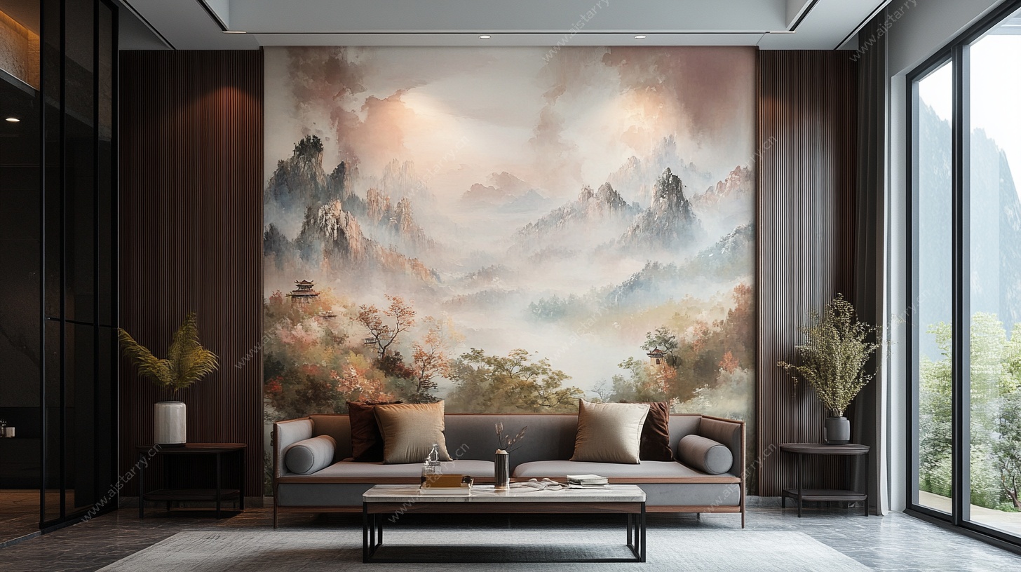中式客厅 山水壁画沙发区