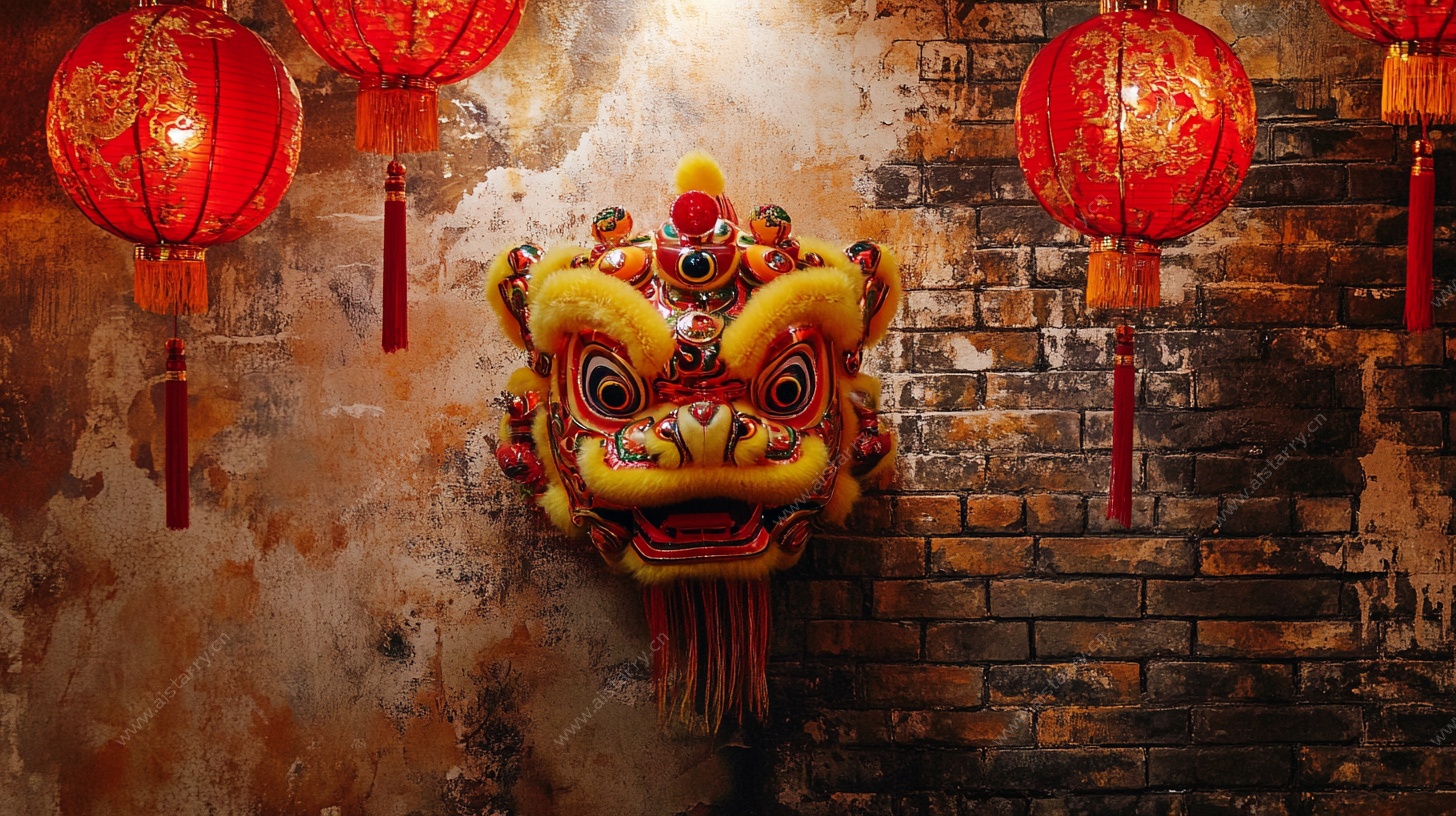 中式墙面的舞狮头与灯笼