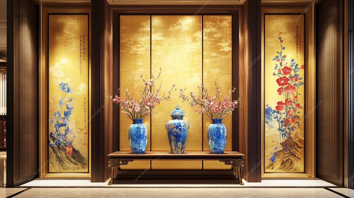 中式玄关装饰 蓝花瓶与屏风