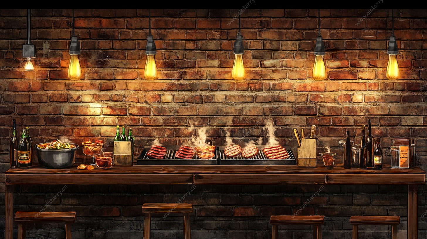 复古风砖墙下的烧烤吧台