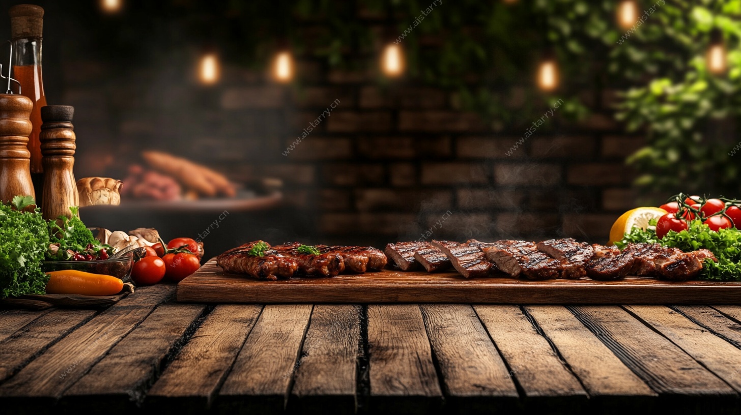 木质台上的丰盛烤肉美食
