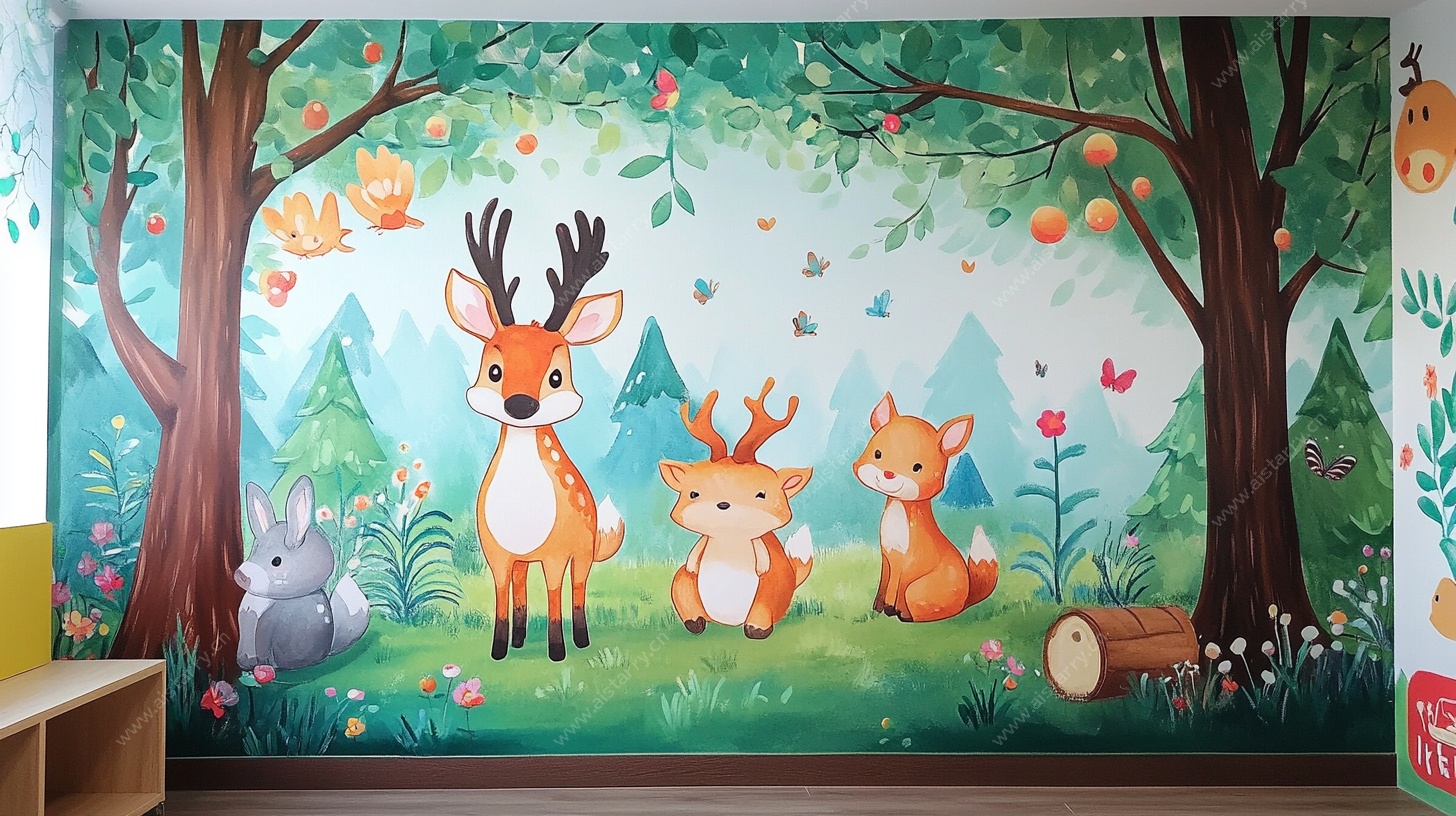 森林动物主题儿童房壁画