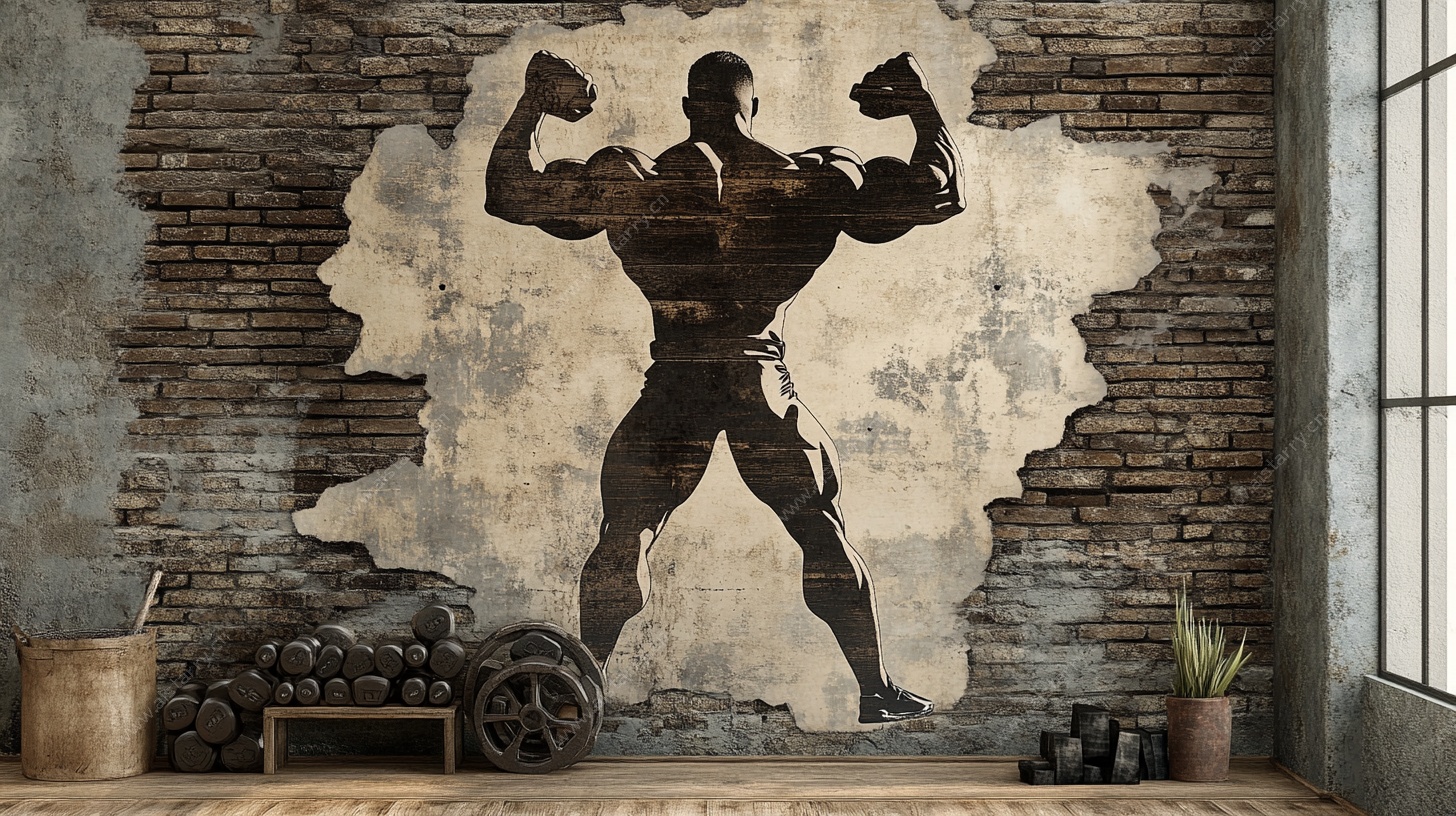 复古风健身房墙面肌肉图案