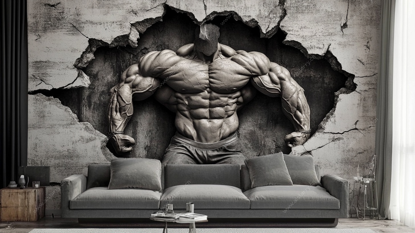 破墙而出的肌肉壮汉壁画