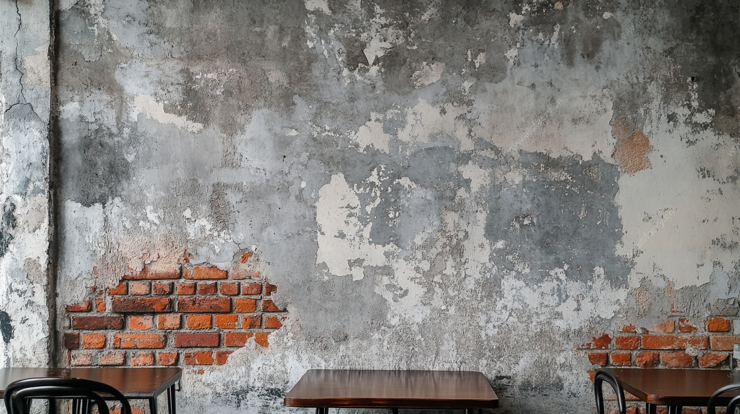 破旧墙面下的桌椅场景