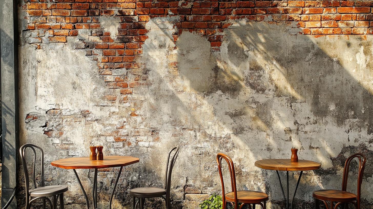 复古砖墙下的户外桌椅