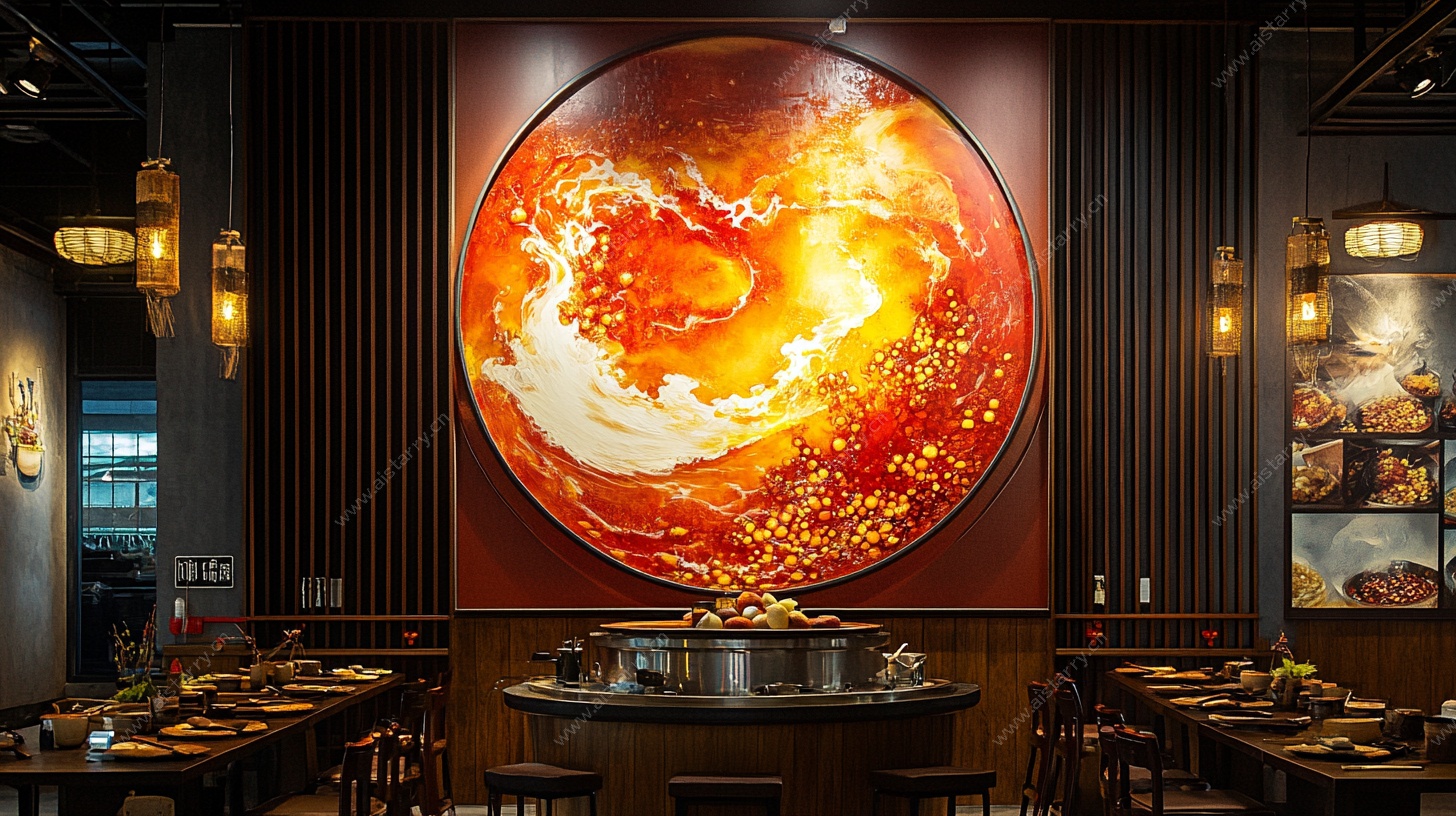 中式餐厅内的巨幅火焰壁画