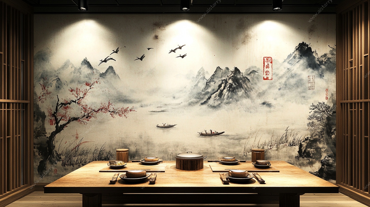 中式茶室山水墨画背景墙