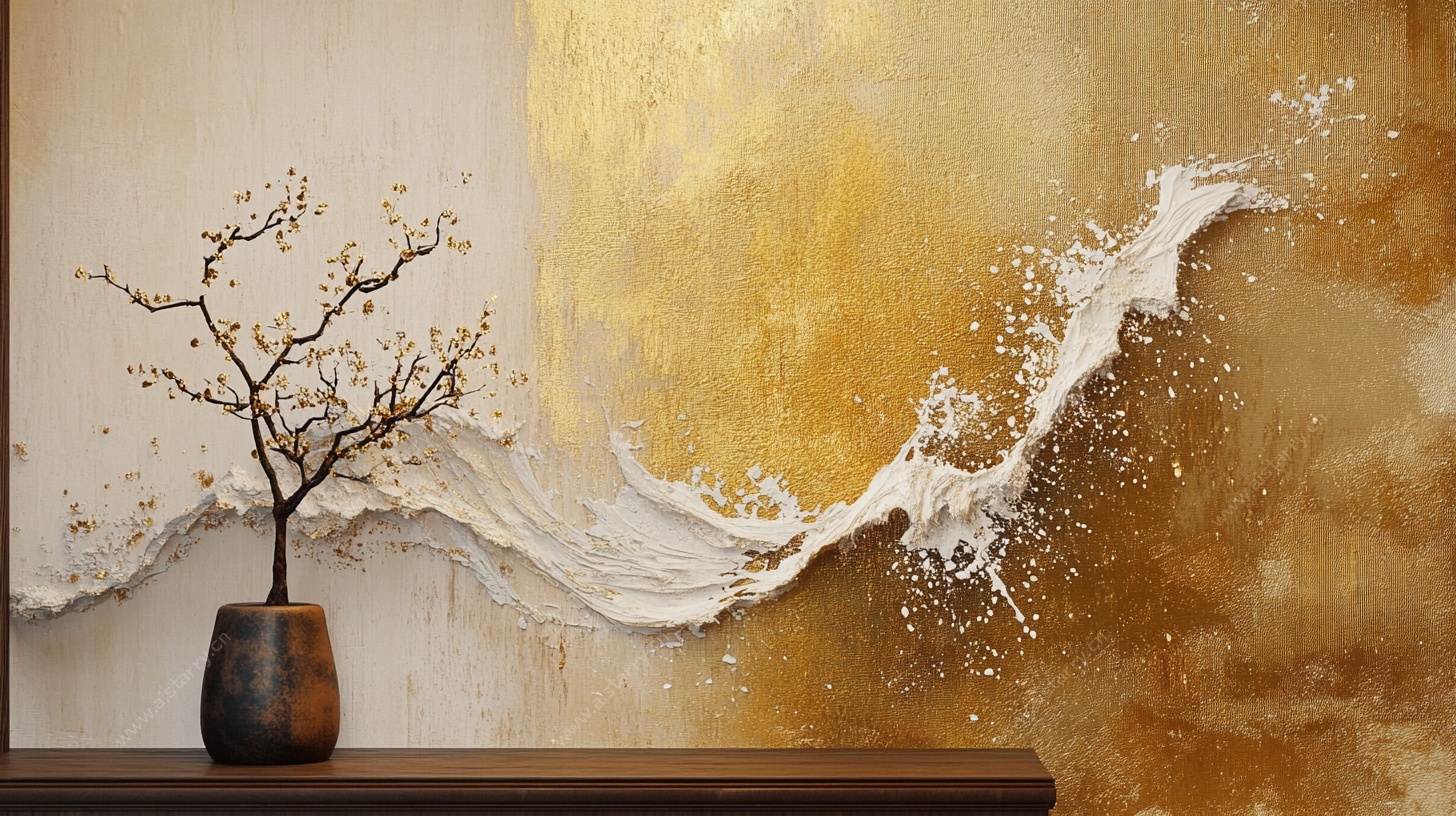 金色艺术墙前的雅致盆栽