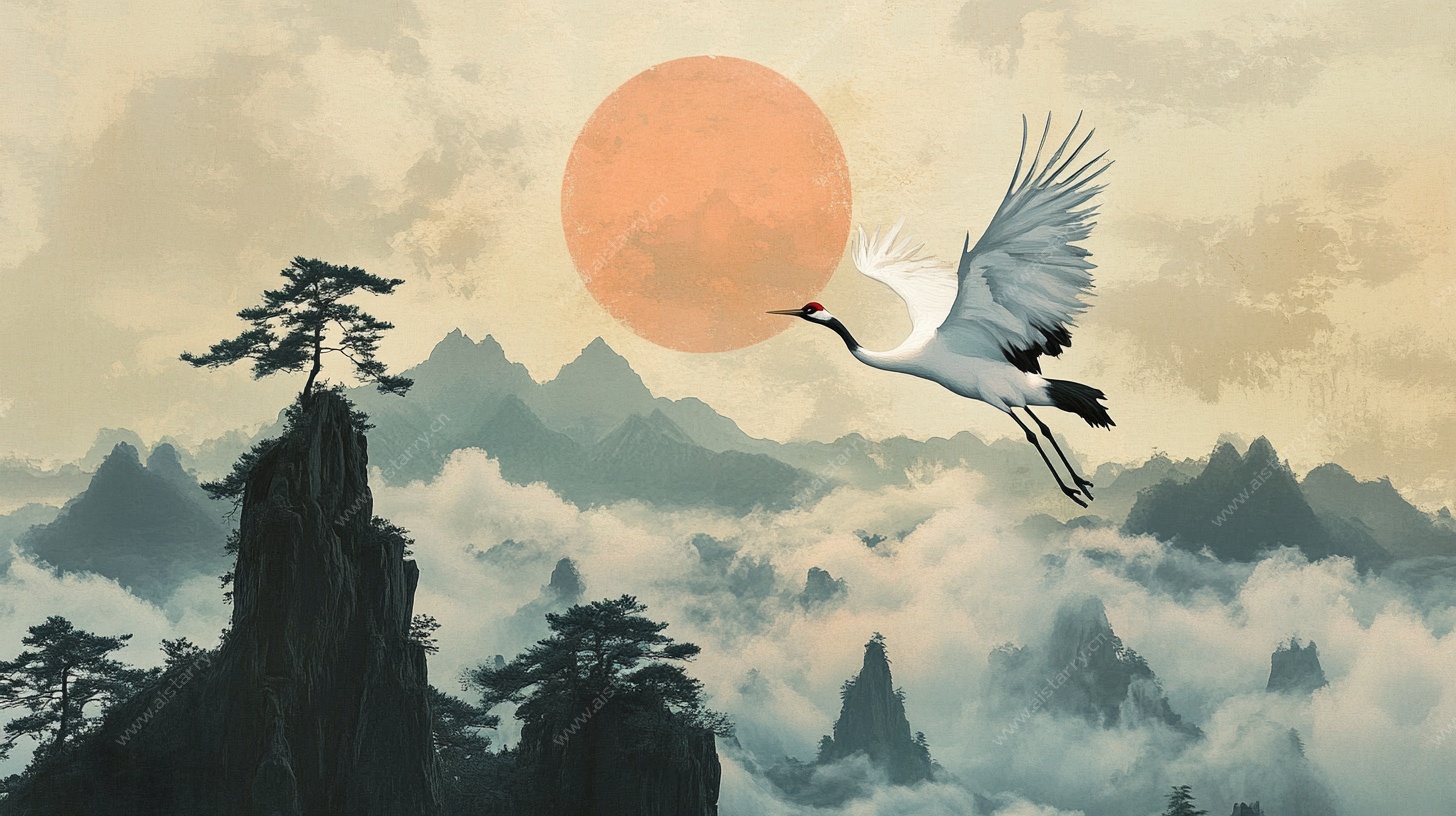 丹鹤翔云间 山川伴朝阳