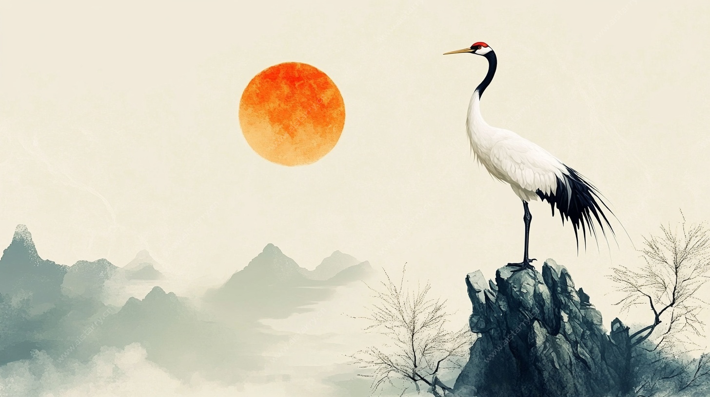 丹顶鹤立岩畔望红日