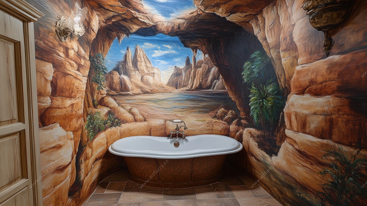 洞穴风浴缸墙绘浴室场景