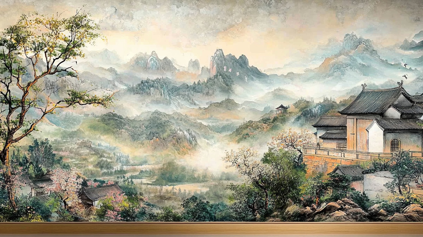 中式山水意境古风壁画