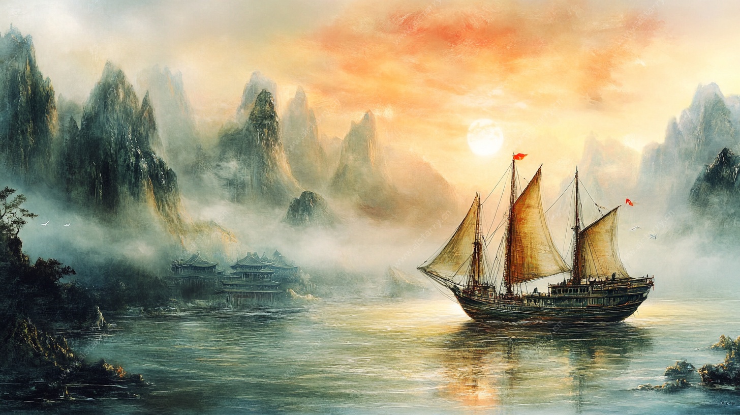 江上帆船迎日出美景