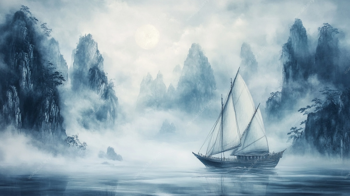 水墨山水间的孤帆远航