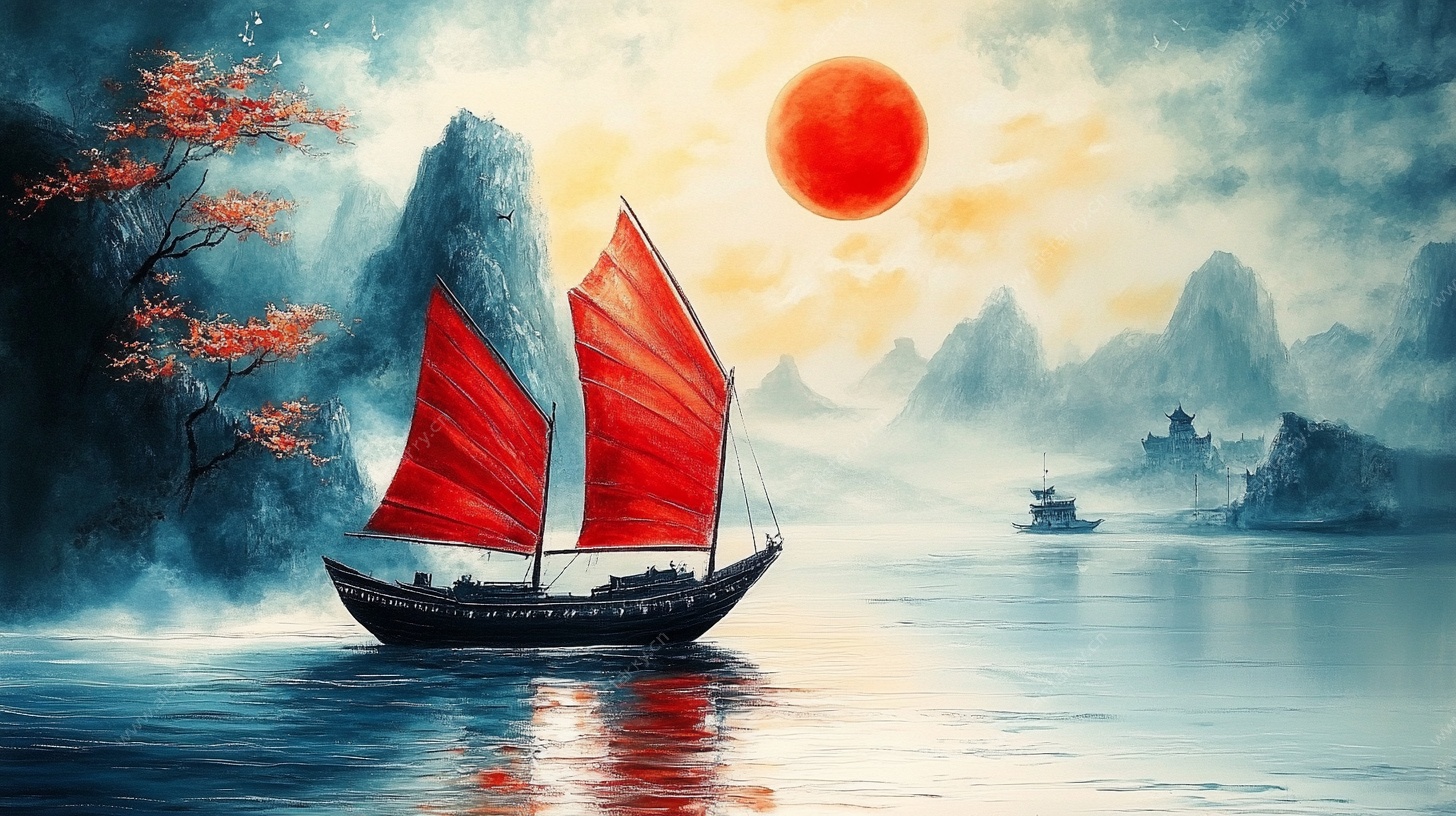 红日映江 帆船远行图