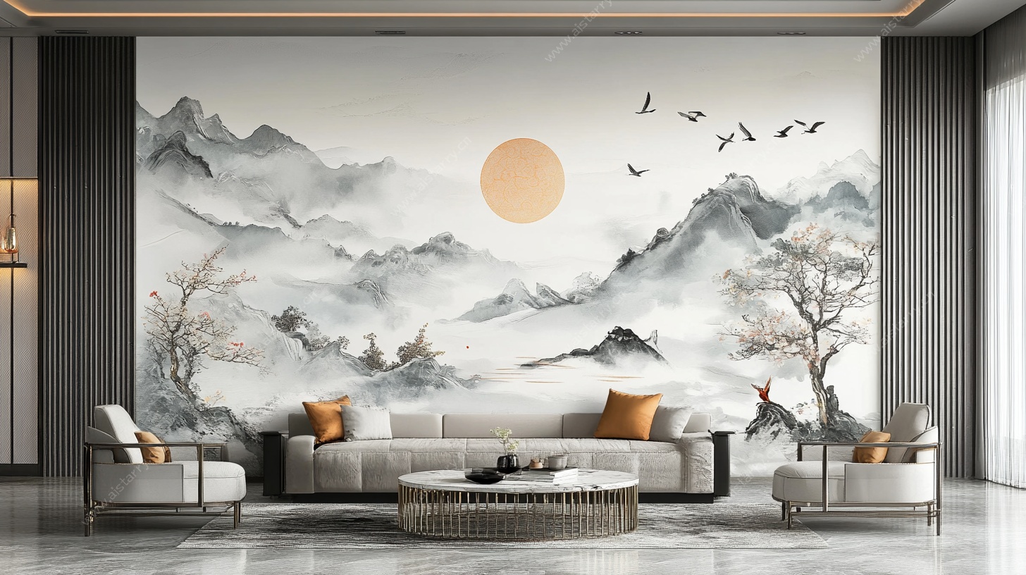 中式山水风客厅壁画装饰
