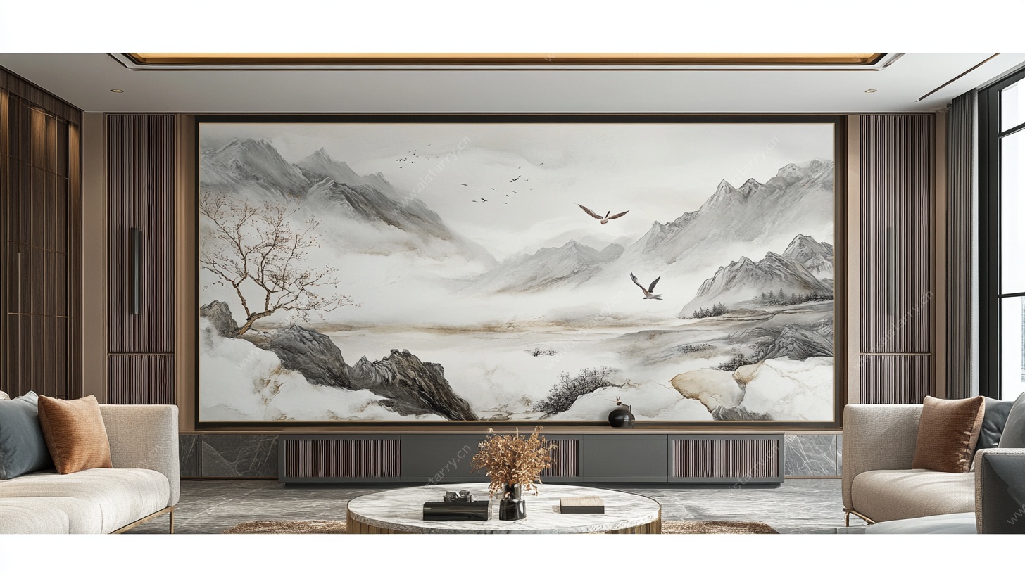 中式客厅山水壁画装饰