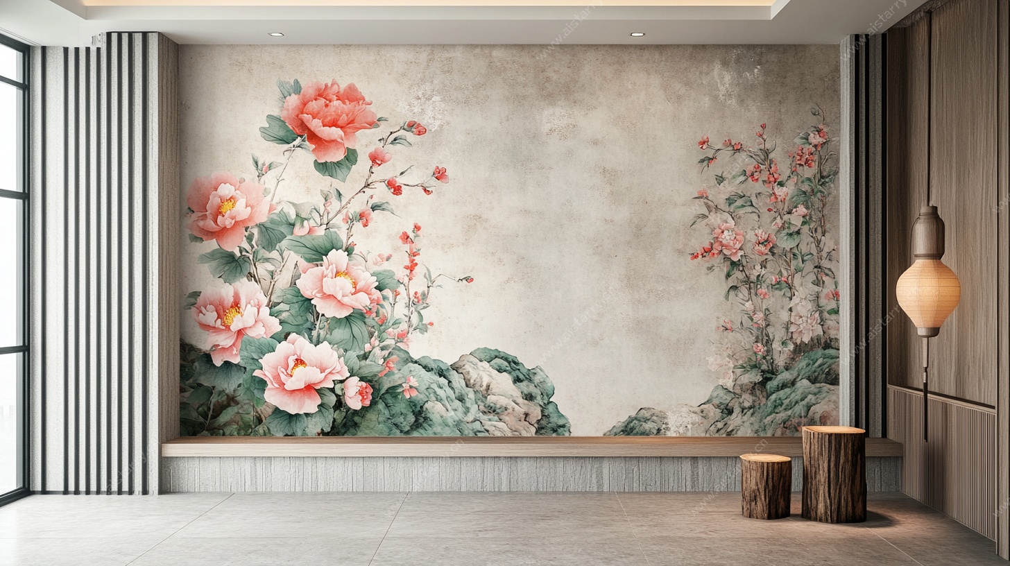 中式花卉背景墙装饰画