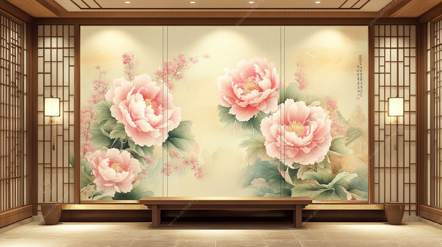 中式牡丹壁画装饰客厅