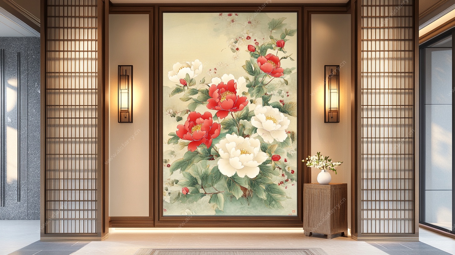 中式玄关牡丹挂画装饰