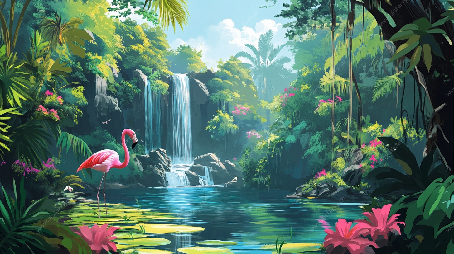 热带丛林中的火烈鸟与瀑布