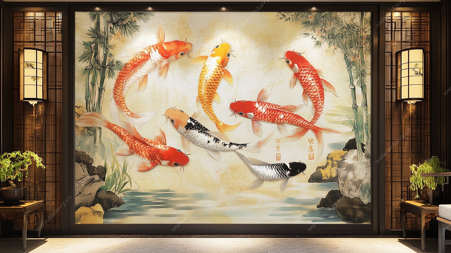 九鲤图中式客厅装饰壁画