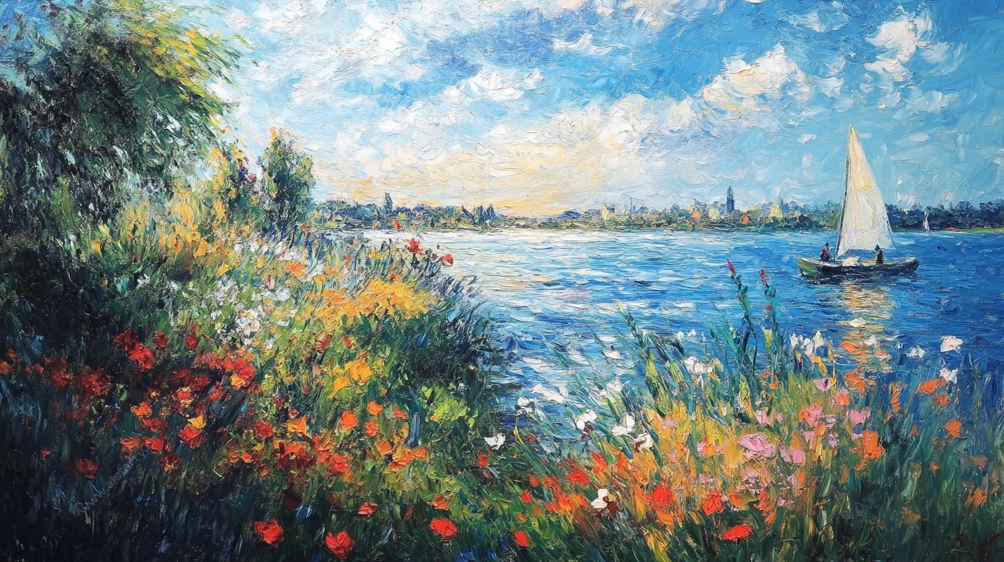 湖畔花海中的帆船风景