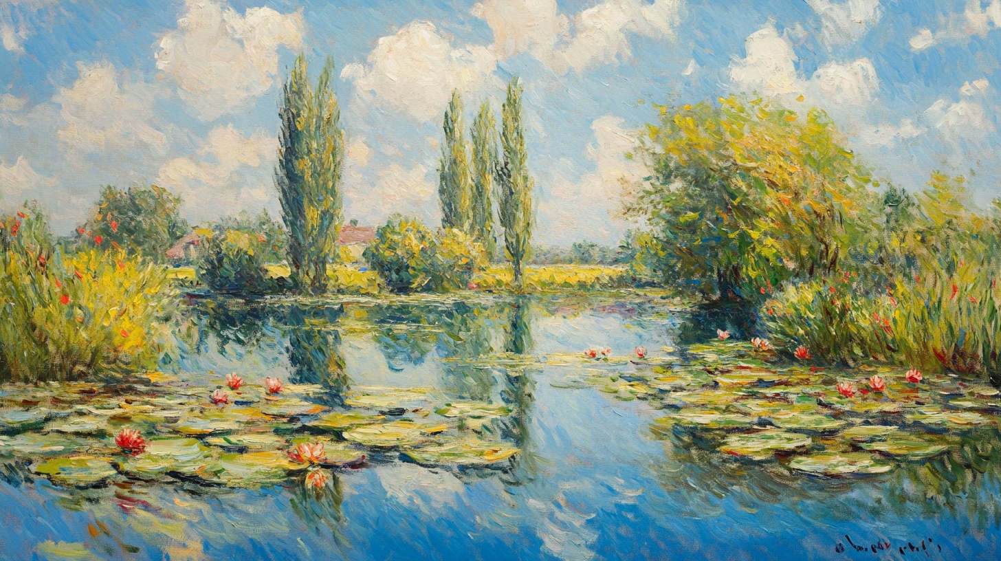 夏日河畔睡莲风景油画