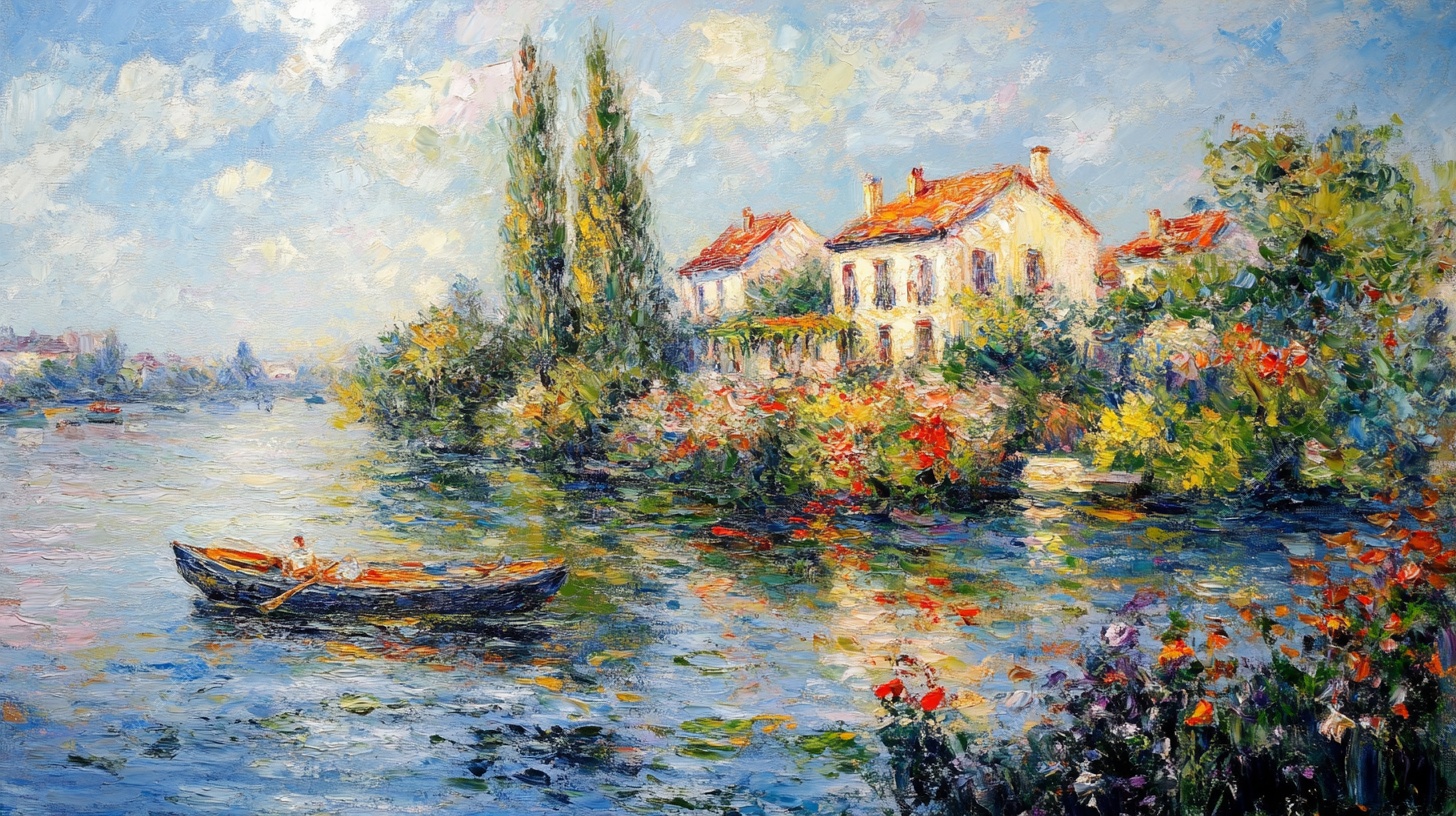 河畔小屋风景油画