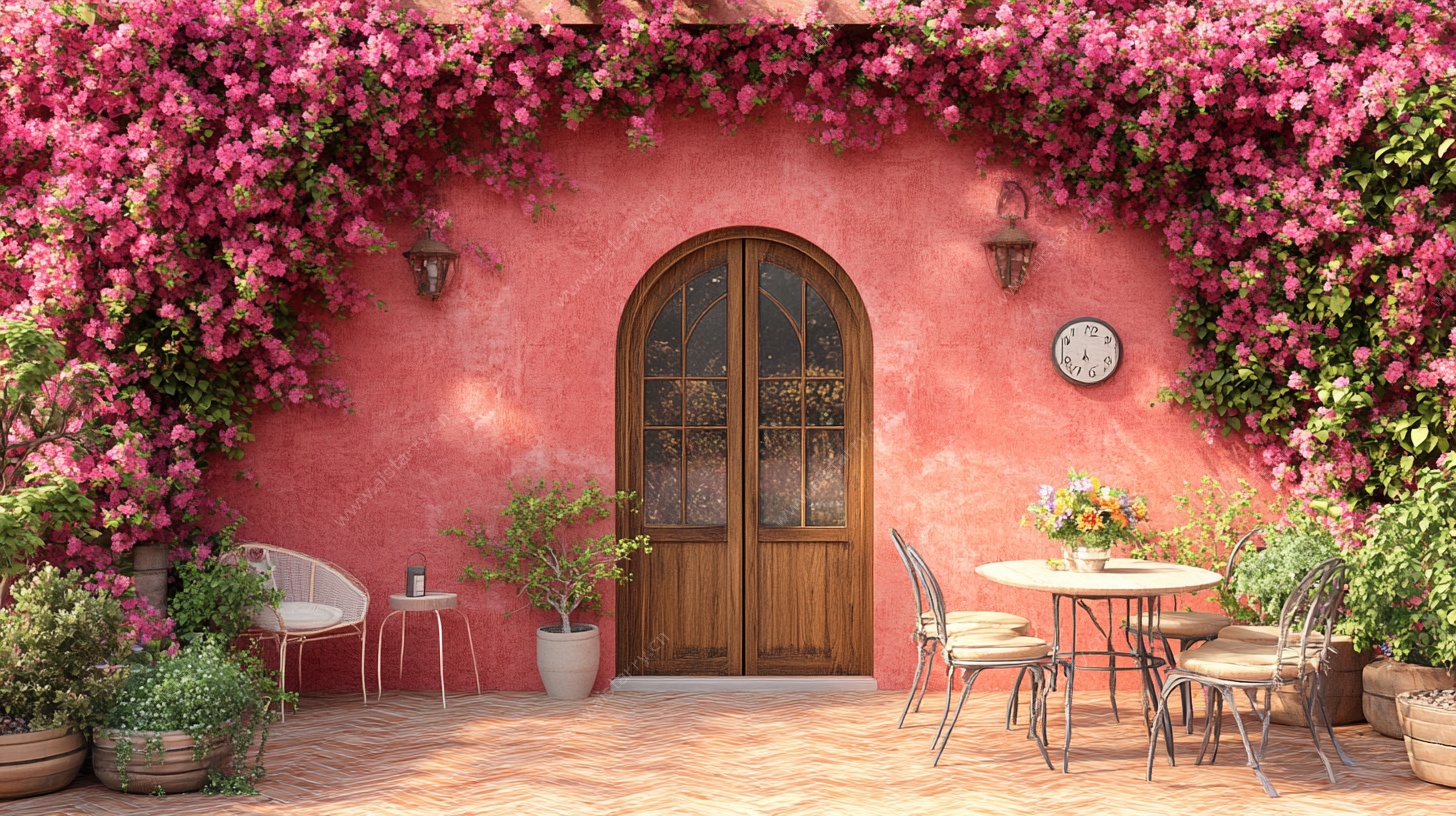 粉色花墙下的温馨庭院