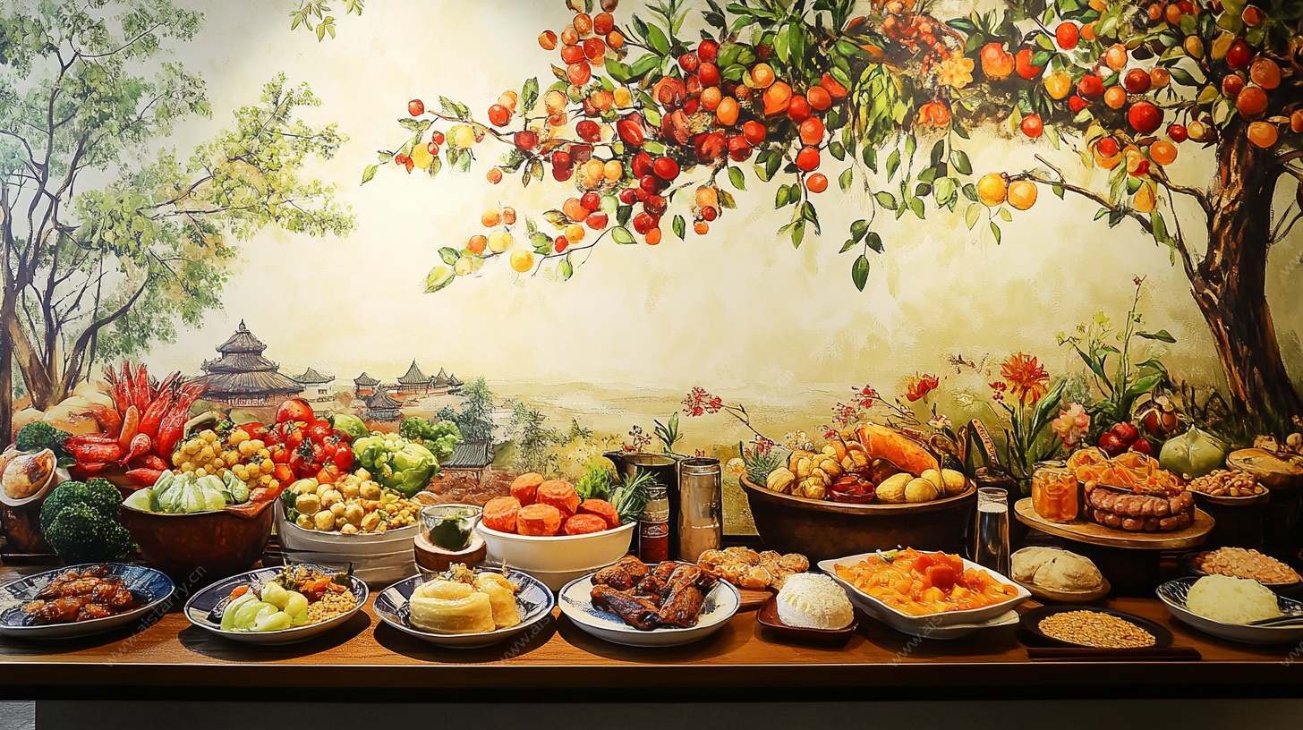 丰盛田园风美食壁画场景