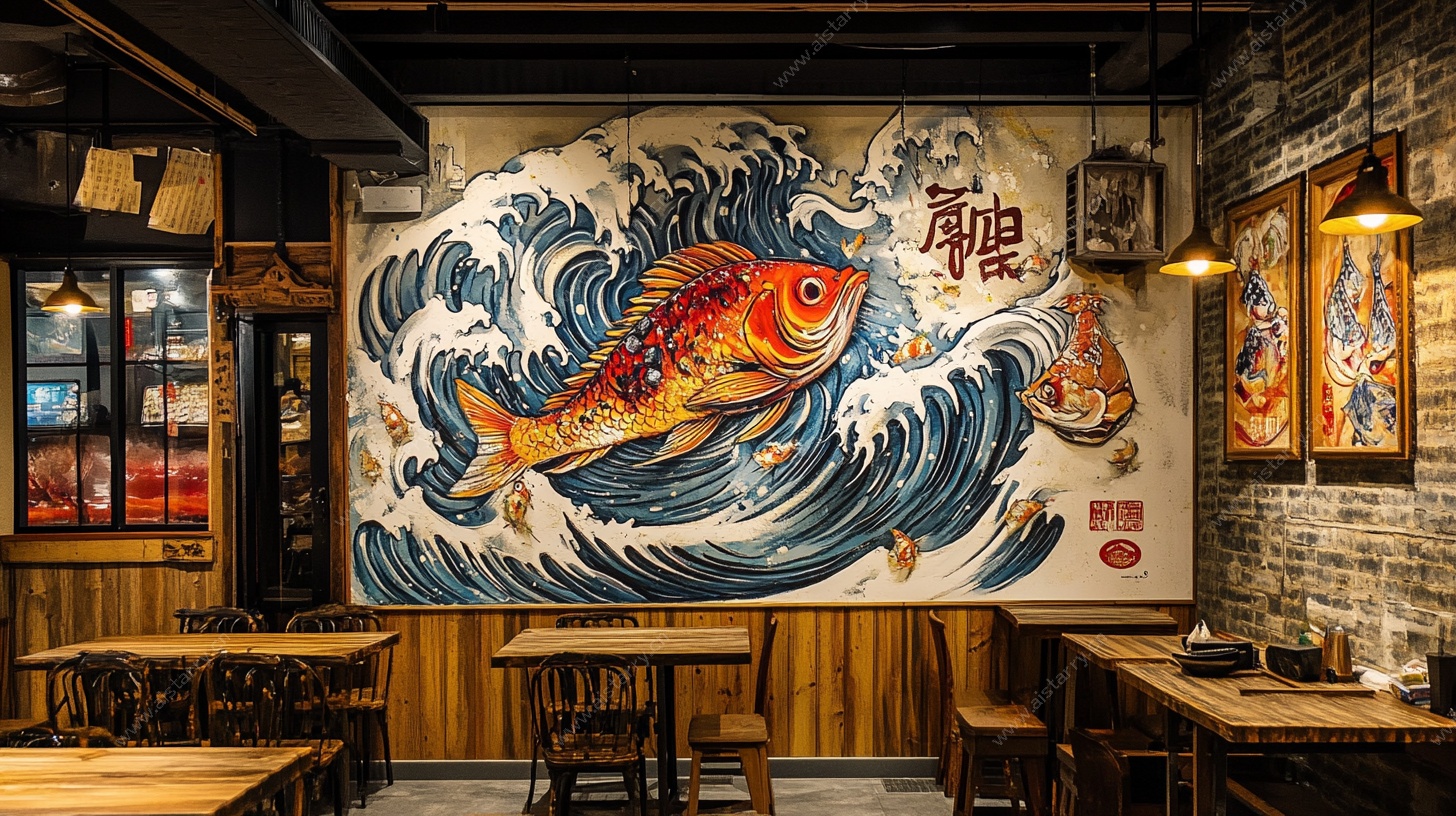 日式餐厅墙绘 鲤鱼海浪风