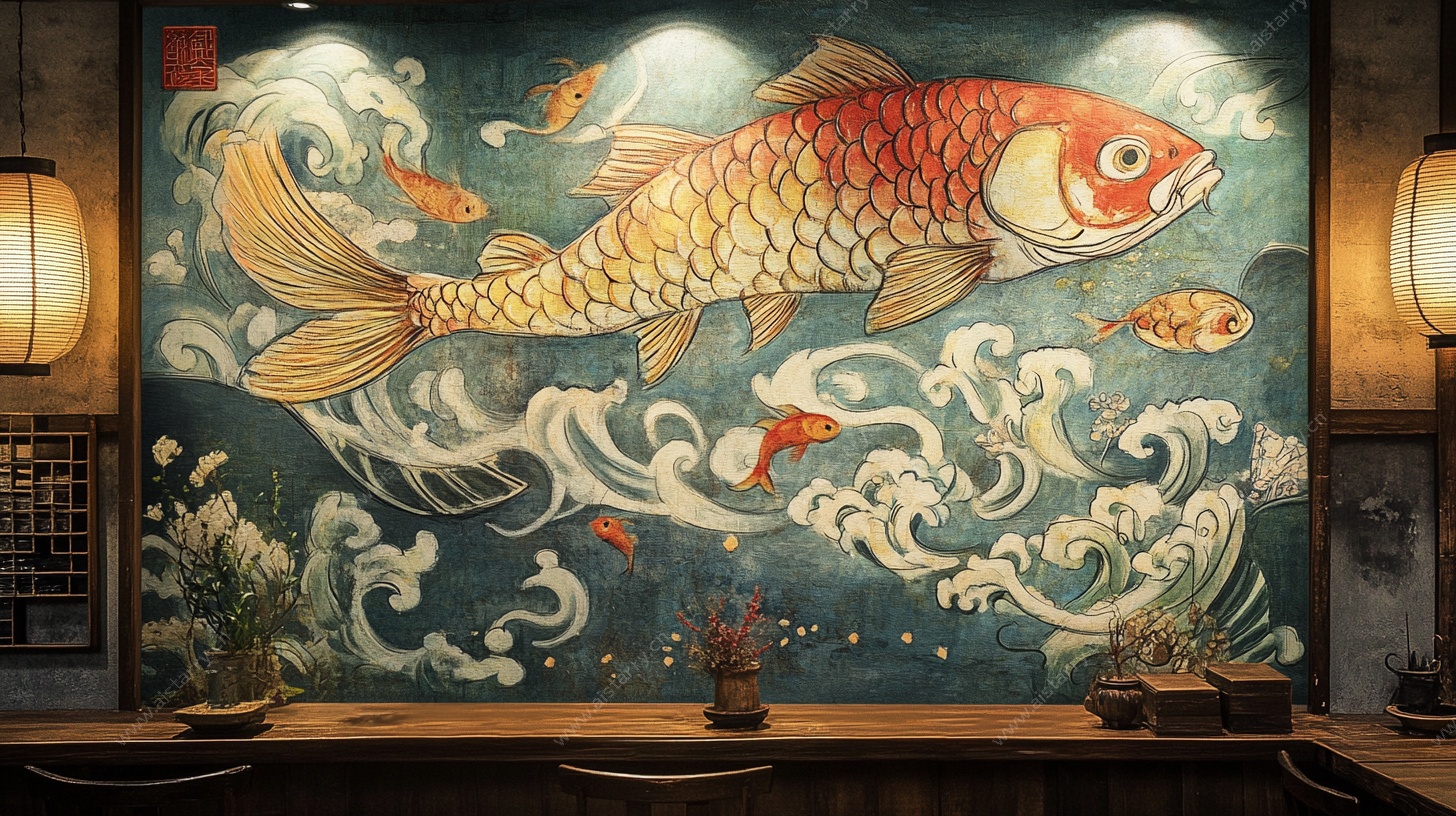 中式锦鲤壁画墙面装饰图