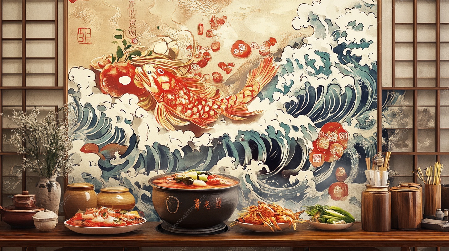 中式锦鲤海浪美食装饰画