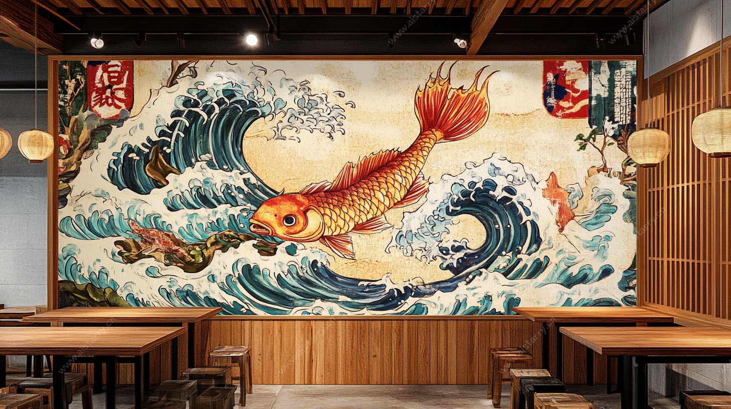 日式锦鲤海浪风餐厅壁画