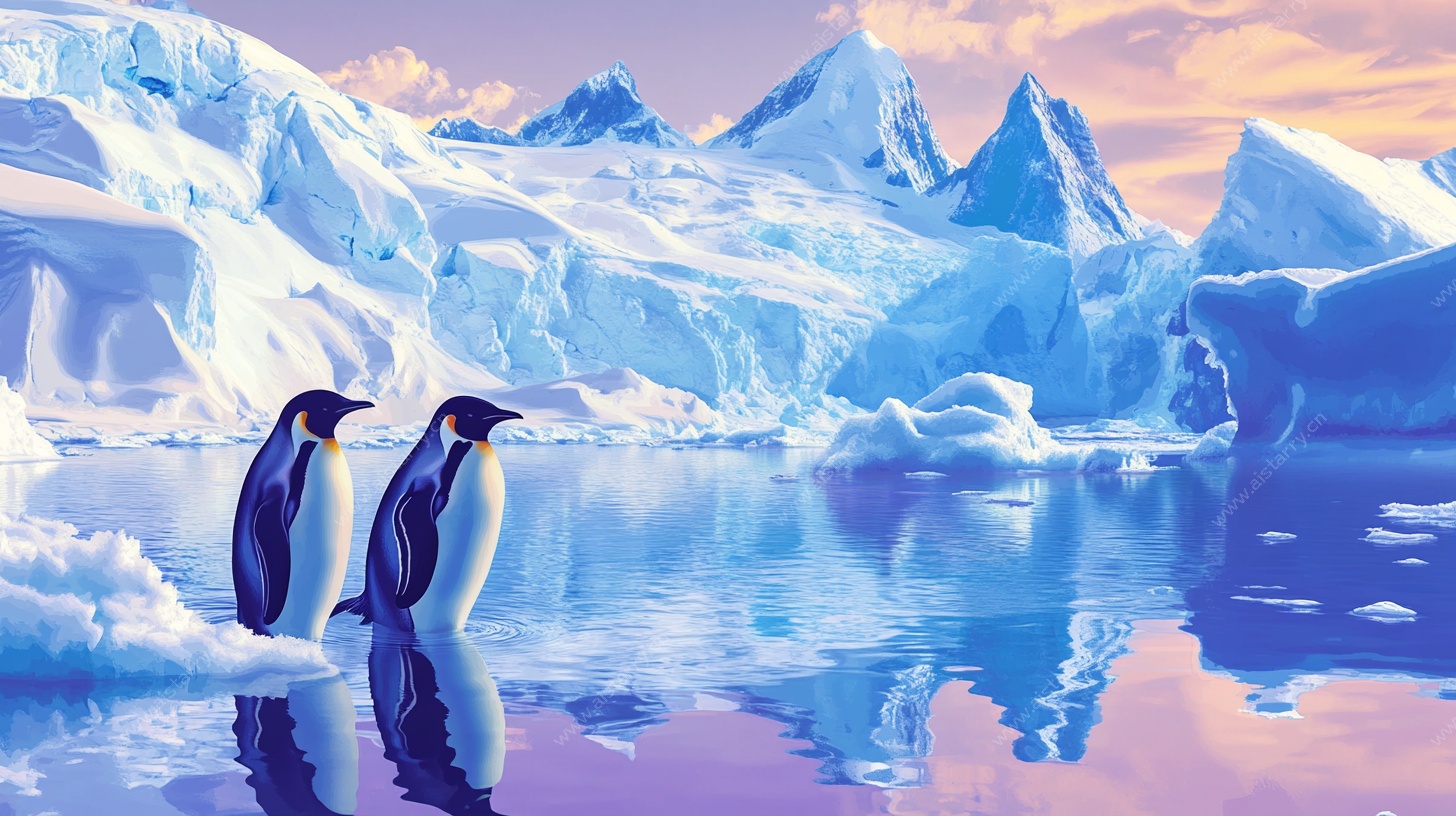冰川畔的企鹅浪漫景象